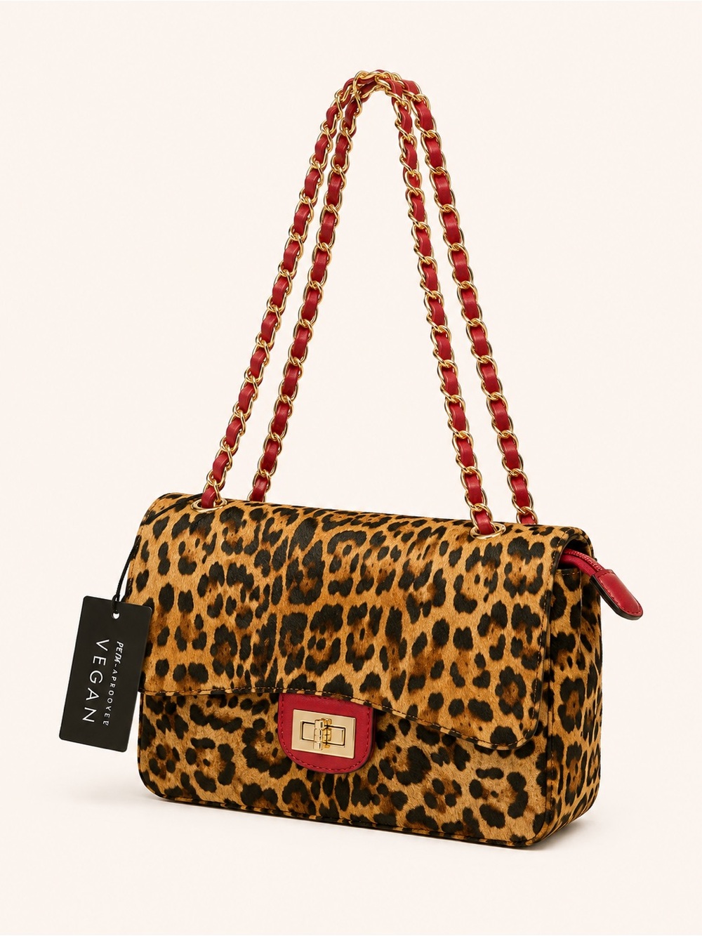 Leopard Print Shoulder Bag with Red Chain Strap